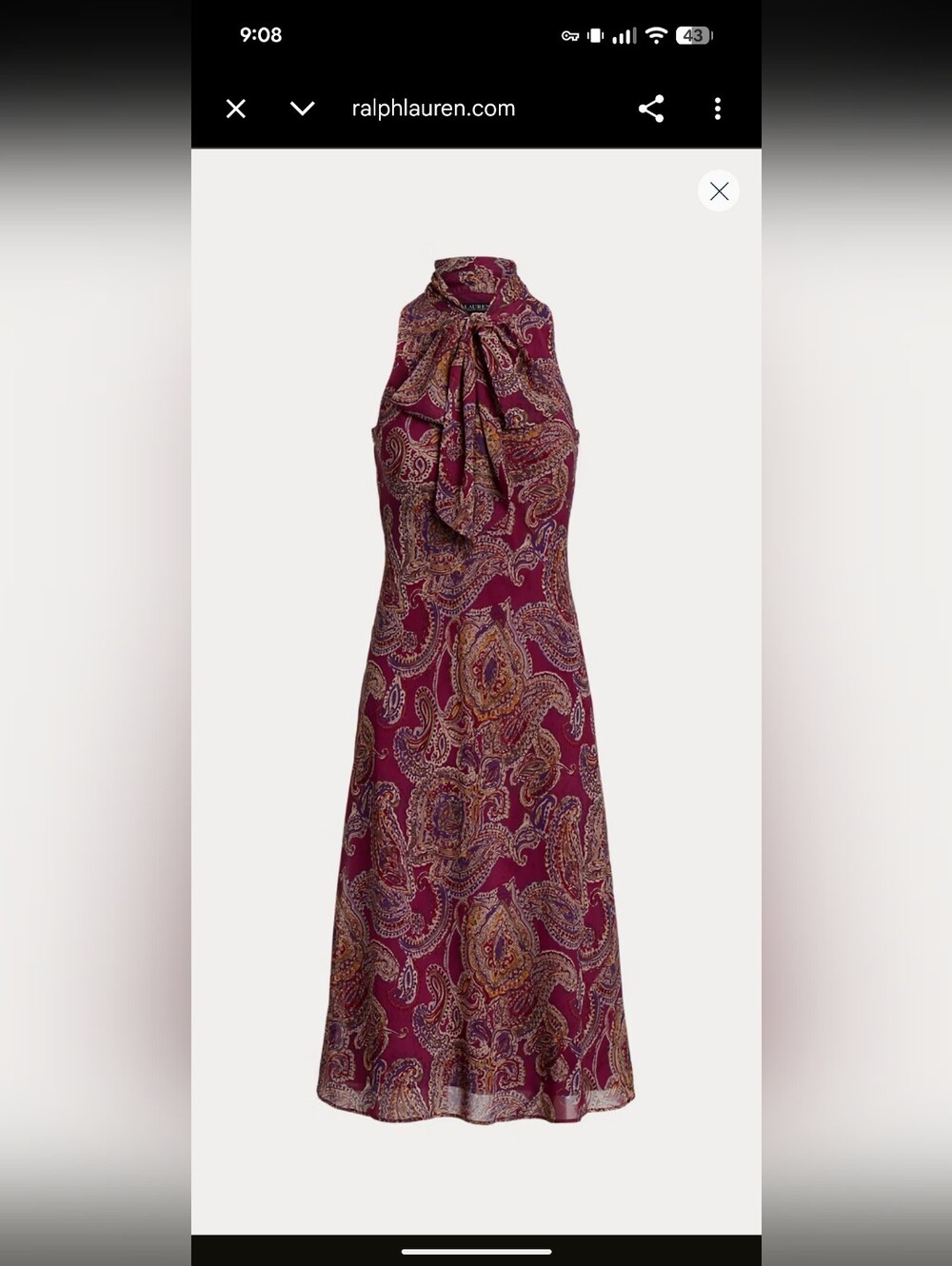 Lauren Ralph Lauren Maroon Paisley Crinkle Georgette Tie-Neck Dress Sz 10